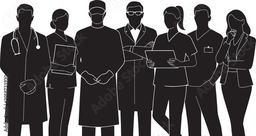 Team of diverse medical professionals silhouette with silhouette, healthcare