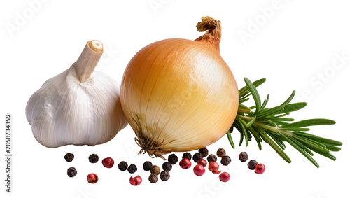 Garlic bulb yellow onion peppercorns, and rosemary sprigs