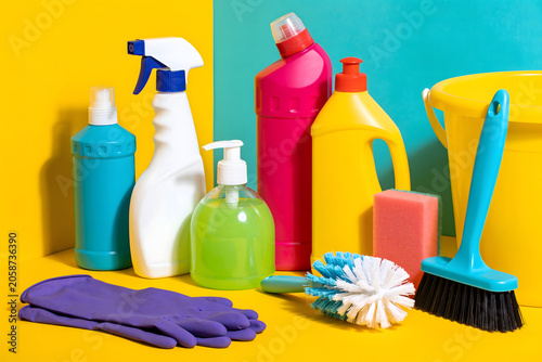 Colorful Household Cleaning Supplies on Bright Background