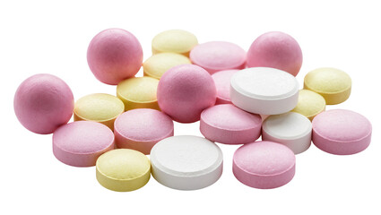 Pile of pink yellow, and white round pills