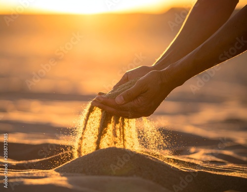 Hands releasing sand on a beach at sunset, golden hour.