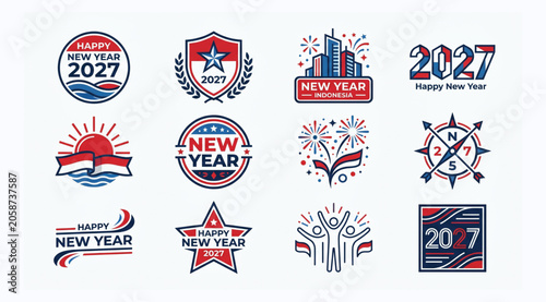 Photography Happy new year 2027 holiday icon and badge collection with festive symbols celeb