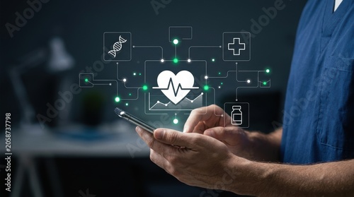 Fotografía Healthcare professional using smartphone to access and manage virtual health dat