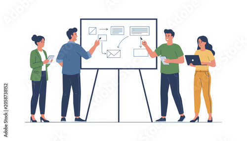 Professional team presenting business strategy on whiteboard with office life business presentation