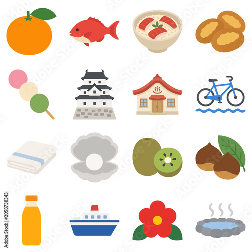 愛媛県の名物・観光アイコンセット16個 みかん・鯛・鯛めしのベクター