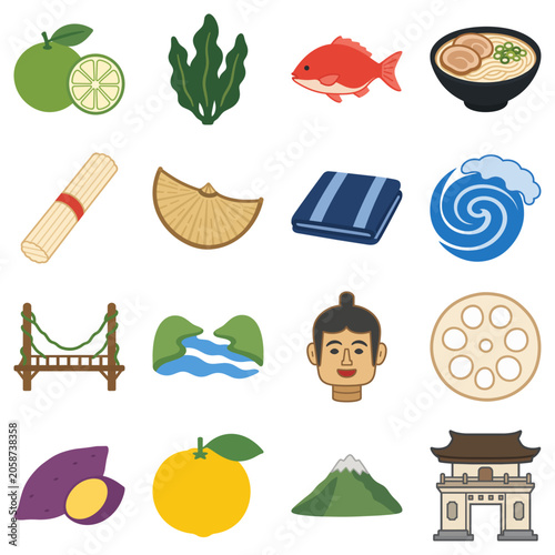 徳島県の名物・観光アイコンセット16個 すだち・鳴門わかめ・鯛のベクター