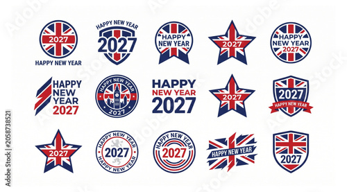 Canvas-taulu Happy new year 2027 united kingdom flag inspired emblem set with celebration ill
