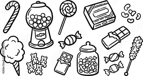 Foto Hand Drawn Sweet Candy Doodle Icon Set Featuring Gumball Machine Cotton Candy Ch