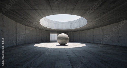 An abstract depiction of architectural space with a cement sphere descending towards � Professional Stock Photography Concept for Commercial and Marketing Use
