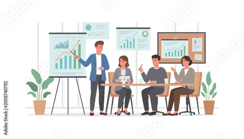 Business team conducting financial strategy meeting presentation with office life presentation business