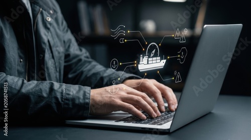 Logistics professional tracking maritime cargo shipments on a laptop with integrated digital dashboard, smart shipping technology, global supply chain, maritime modern technology business concept