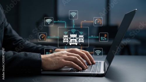 Logistician managing fleet operations via laptop with glowing digital truck icons and telemetry dashboard for real-time cargo tracking, smart logistics, supply chain modern technology business concept