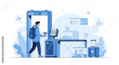 Man at airport security with passport, boarding pass and luggage | travel concept
