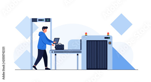 Man at Airport Security X-ray Scanner, Boarding Pass, Travel Security Checkpoint