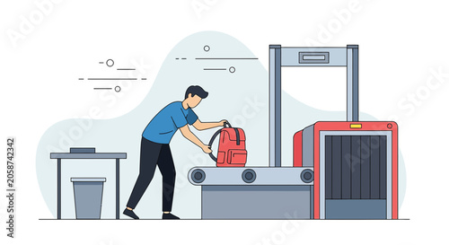 Man at Airport Security X-ray Scanner, Placing Luggage on Conveyor Belt