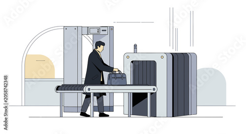 Man at airport security X-ray scanner, travel baggage check, modern abstract illustration