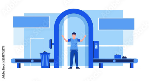 Man at airport security, metal detector arch, conveyor belt, travel check