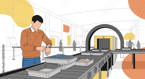 Man at airport security X-ray scanner, travel checkpoint, baggage screening