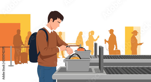 Man at airport security xray scanner, travel, luggage, passenger queue, checks