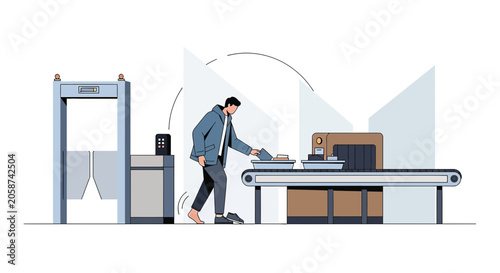 Man at airport security, x-ray scanner, travel preparation, modern illustration
