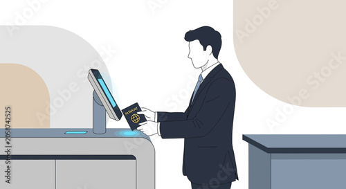 Man at airport self-check-in kiosk with passport