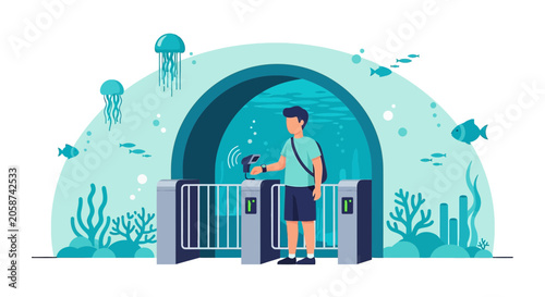 Man at Aquarium Entrance with Ticket Scanner and Underwater Scene