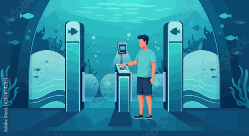 Man at Aquarium Entrance Touchscreen Ticket & Entry Gates - Underwater Theme
