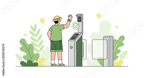 Man at automated gate with contactless entry, modern technology for access