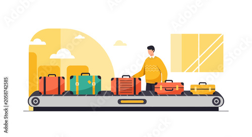 Man at Baggage Claim Airport Conveyor Belt with Suitcases