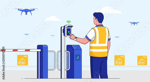 Man at automated parking gate with drones overhead, smart technology