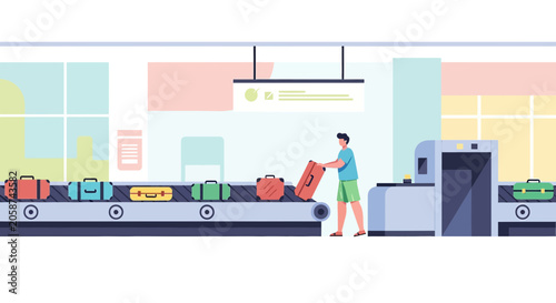 Man at Airport Baggage Claim with Luggage and Scanner - Flat Design Illustration