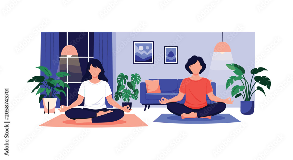 Fototapeta premium Couple practicing yoga and meditation together in a cozy living room at night for mental health and relaxation.