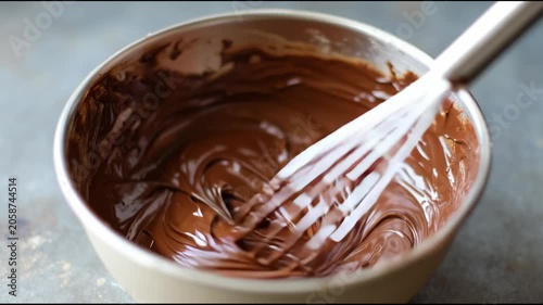 Whisk mixing smooth melted chocolate in a bowl for baking or confectionery