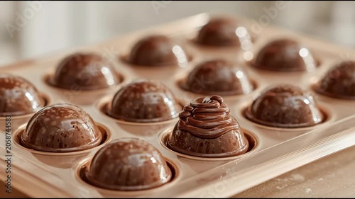Pouring liquid chocolate over dome-shaped candies in a mold