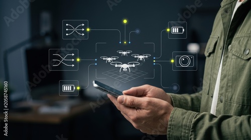 Bild auf Leinwand Man utilizing smartphone to orchestrate and oversee a sophisticated digital dron