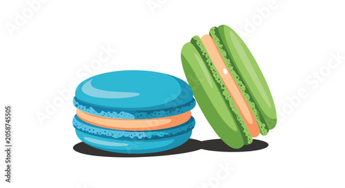 Two delicious french macarons in blue and green colors with creamy filling isolated on white background for sweet bakery dessert menu.