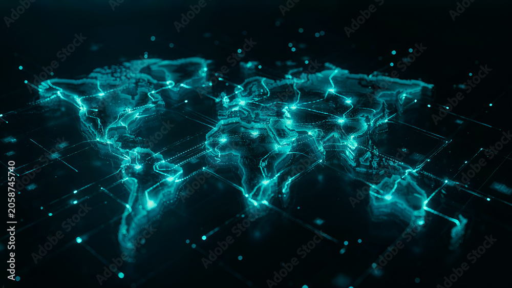 Obraz premium Advanced Global Data Network Visualization with Neon World Map and Intelligent Digital Infrastructure