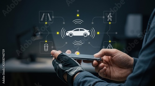 Person's hand holding smartphone, interacting with a digital interface for intelligent automotive technology and smart vehicle control, autonomous driving concept modern technology business concept