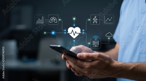 Medical professional using smartphone to monitor patient health data through an interactive digital dashboard interface, digital healthcare, telemedicine innovation modern technology business concept