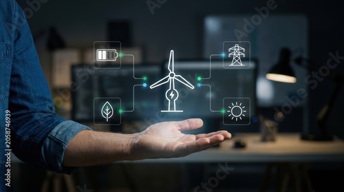 Person's hand interacting with futuristic holographic interface displaying renewable energy ecosystem, smart grid technology, environmental protection, business modern technology business concept