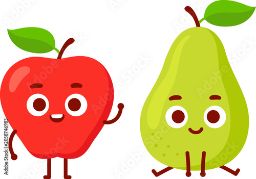 Apple and pear, funny cartoon characters drawing. Comparing different fruit. Vector clipart illustration.