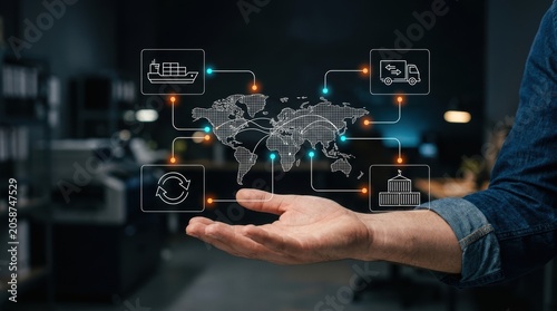 Person's hand interacting with holographic global logistics network interface displaying supply chain data, digital transformation, global trade, data analysis modern technology business concept