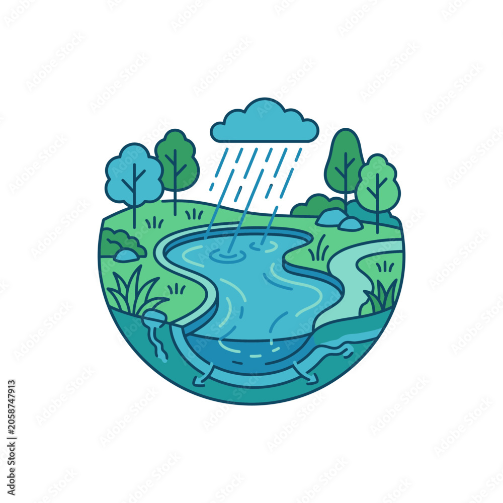 Fototapeta premium Rainy weather over a pond ecosystem.