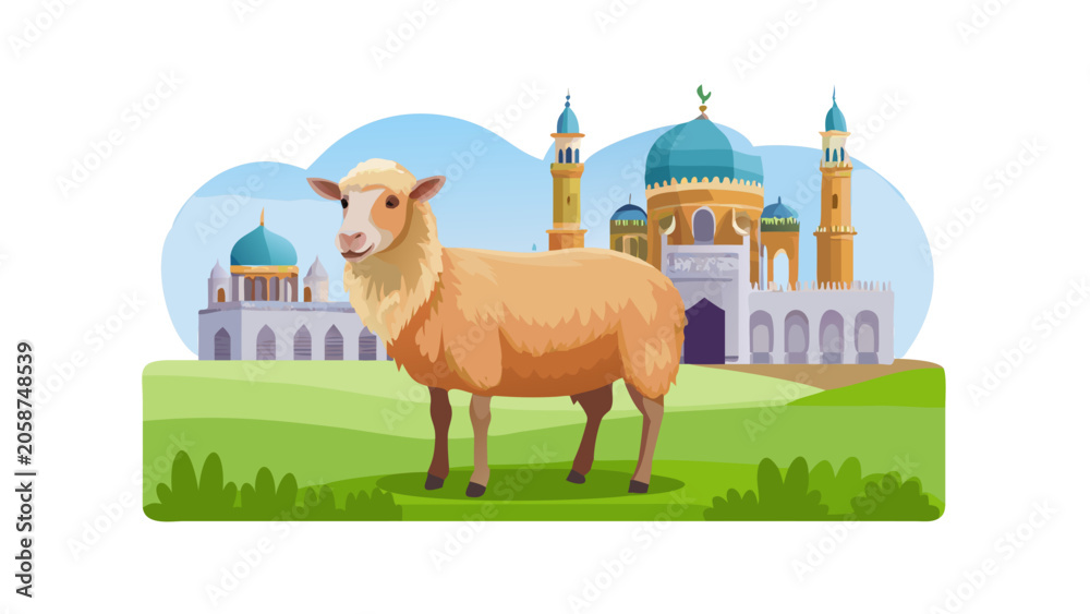 Fototapeta premium Smiling Sheep Standing in Front of Islamic Mosque with Blue Domes and Minarets in Sunny Pasture