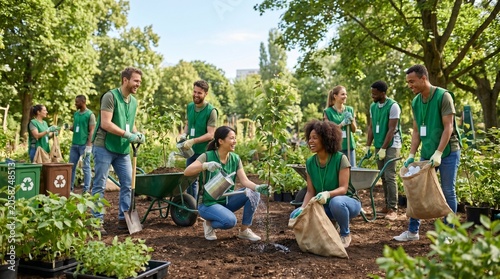 Diverse Volunteers Nurturing a Community Garden, Promoting Sustainable Practices and Teamwork Outdoors for a Greener Future