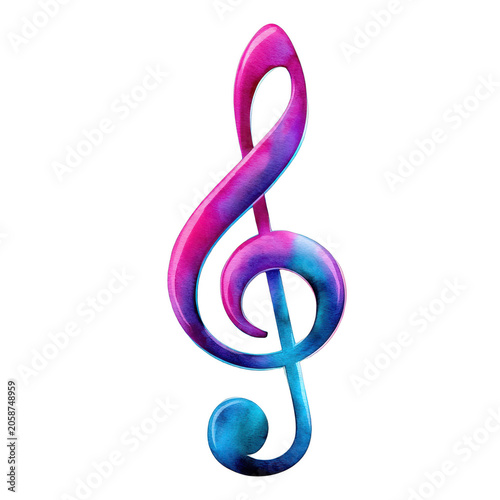 Watercolor illustration music note treble clef, isolated on transparent background
