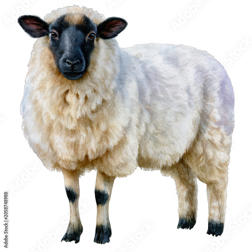 Fluffy white sheep with black face, isolated on transparent background