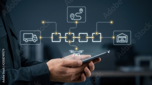 Obraz na plátne Person using smartphone to visualize an advanced holographic logistics network,