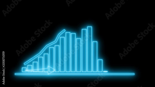 Neon glowing bar chart with rising line overlay stylized retro futuristic data visualization animation