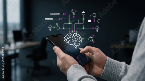 Person interacting with smartphone displaying AI brain network diagram, generating ideas, artificial intelligence, machine learning, data processing, innovation modern technology business concept